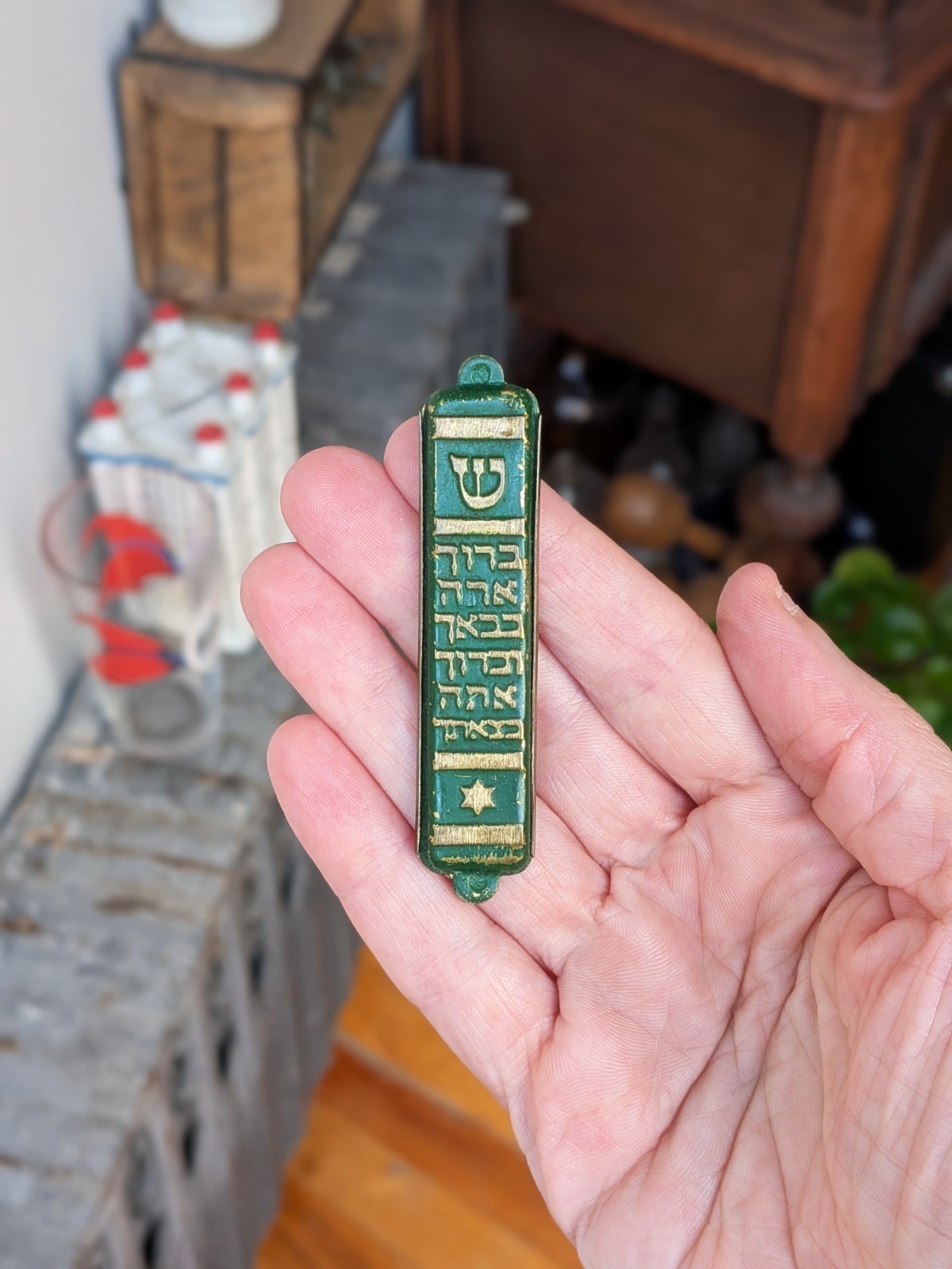 RARE Jerusalem Israel Slide Open Mezuzah, Vintage 1950s Metal and Green Enamel RARE Jerusalem Israel Slide Open Mezuzah, Vintage 1950s Metal and Green Enamel