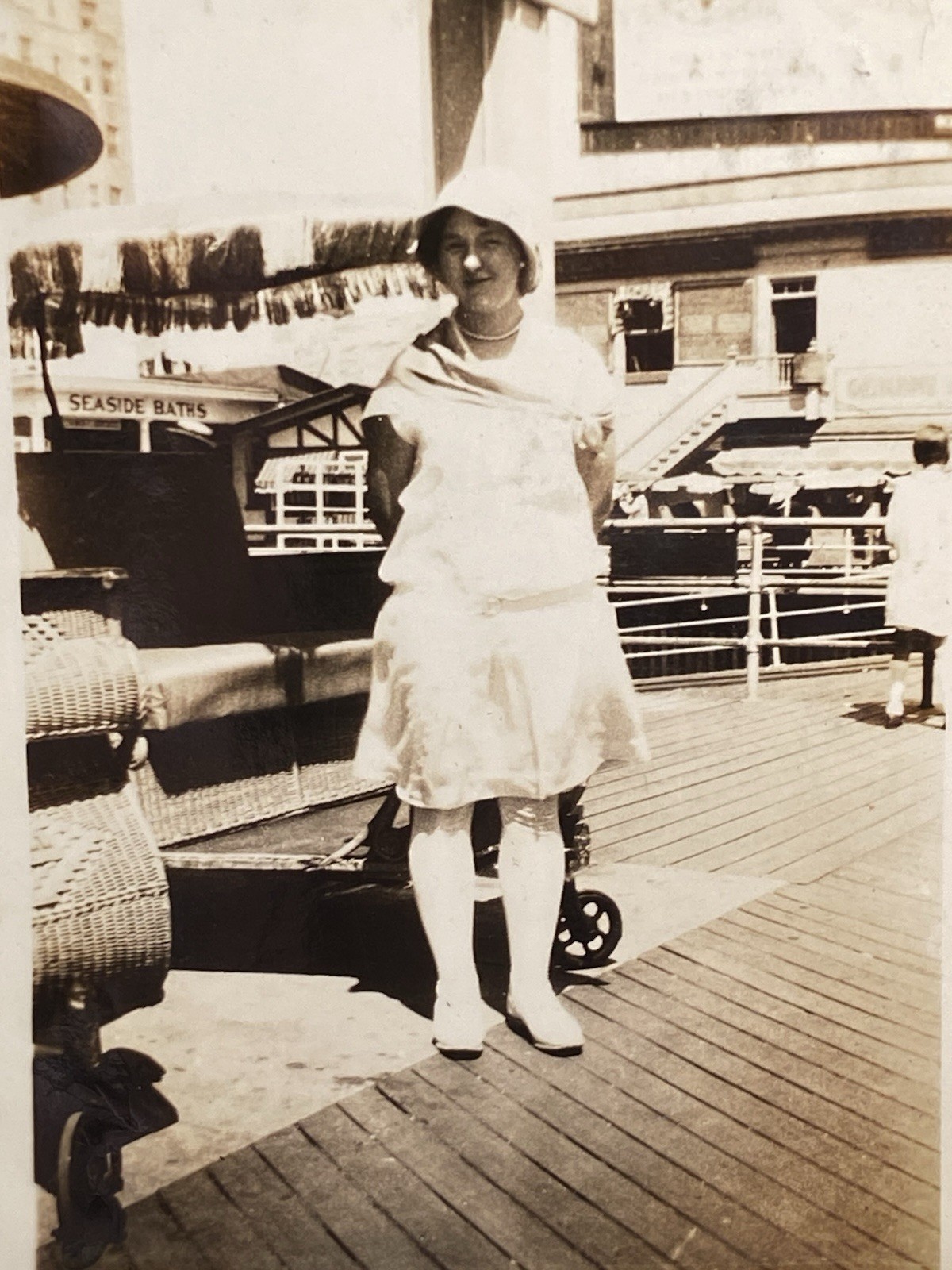 Woman on Boardwalk, Seaside Baths Vintage Black & White Portrait Photograph (D)