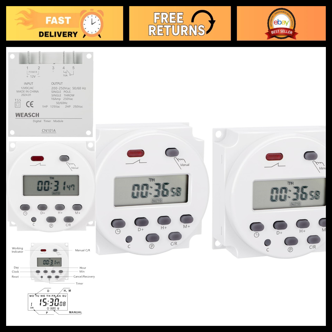 Timer Switch, DC/AC 12V 16Amp, Programmable Timer Time Relay Switch Timer Switch, DC/AC 12V 16Amp, Programmable Timer Time Relay Switch