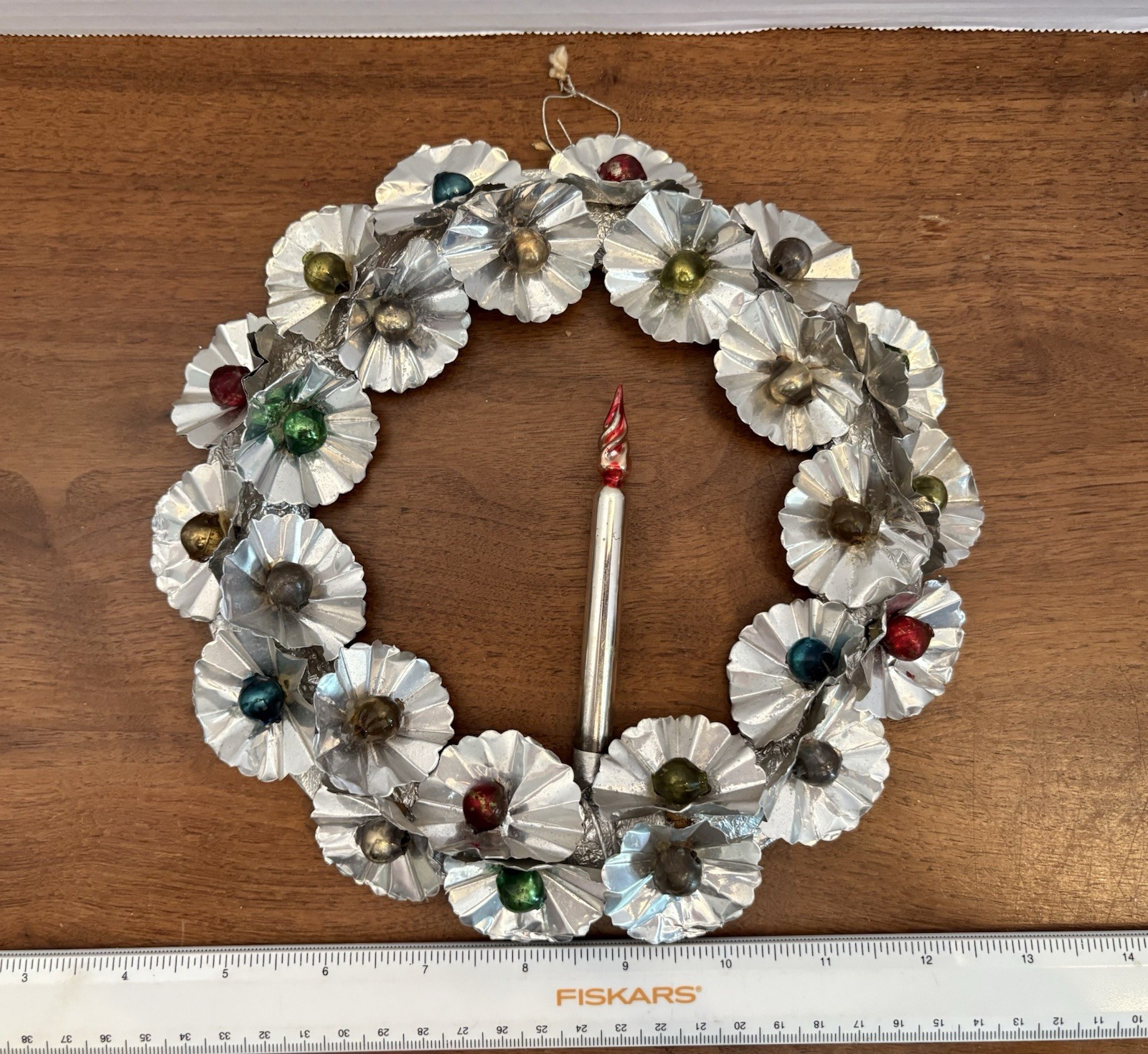 Vintage MCM Aluminum Christmas Wreath with Mercury Glass Beads + Center Candle Vintage MCM Aluminum Christmas Wreath with Mercury Glass Beads + Center Candle
