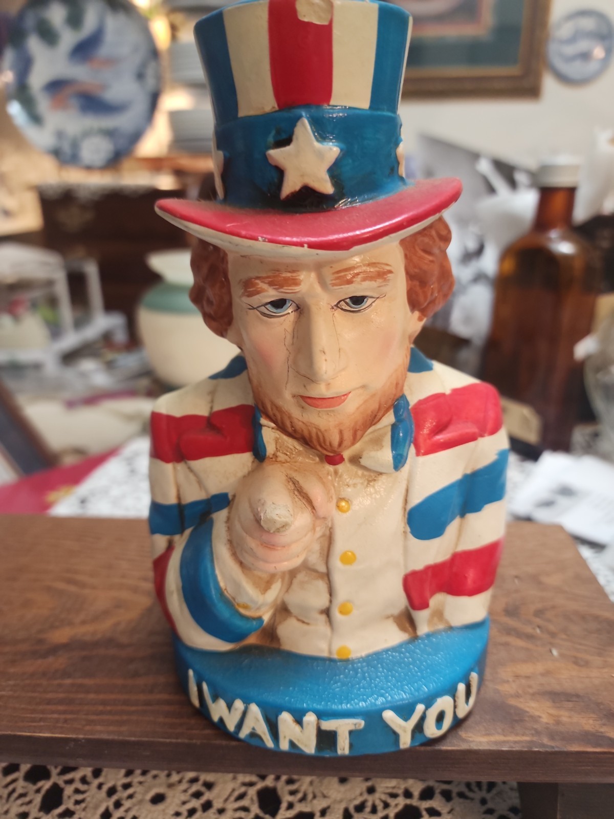 Vintage Japan Uncle Sam I WANT YOU Coin Bank Chalkware Patriotic Americana 7"