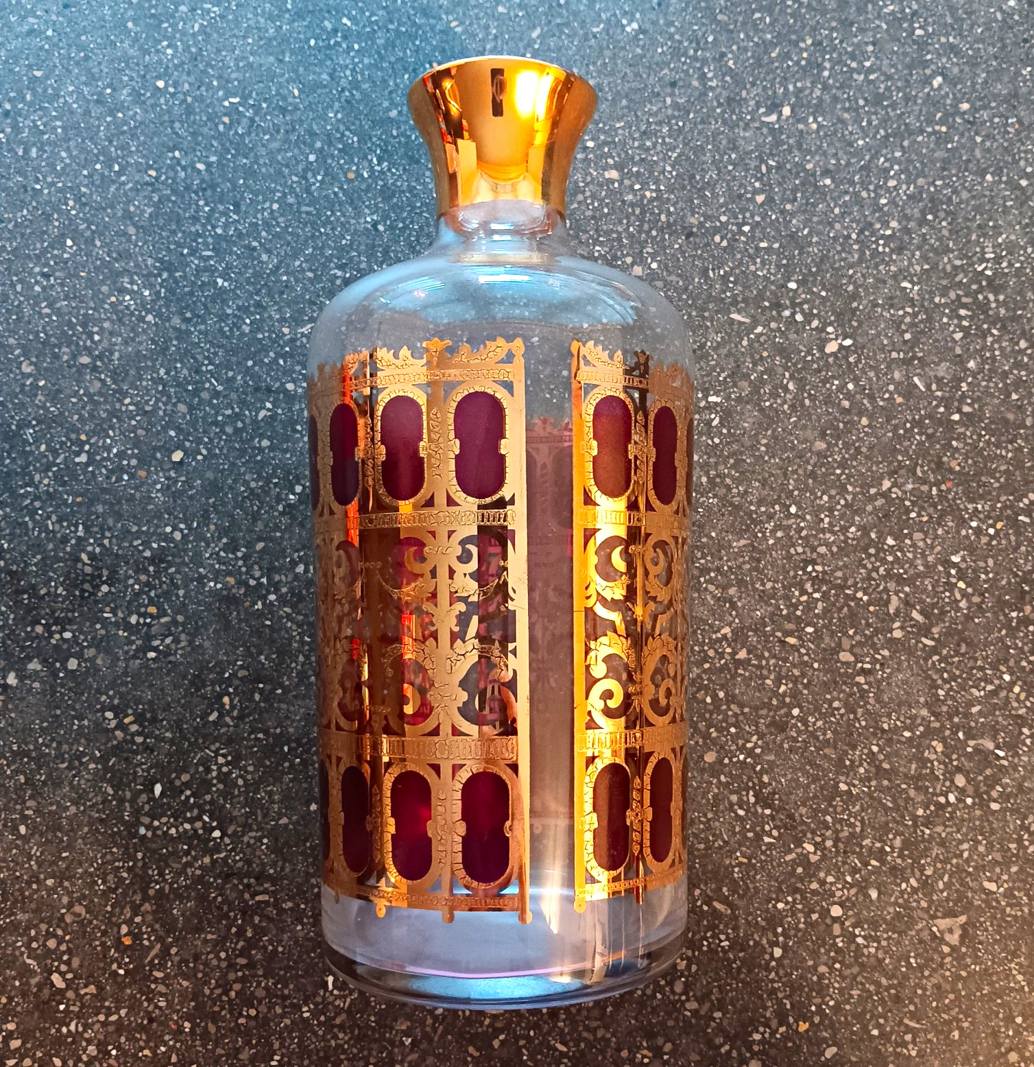 Vintage mid-century modern Culver glass decanter 22k gold filigree