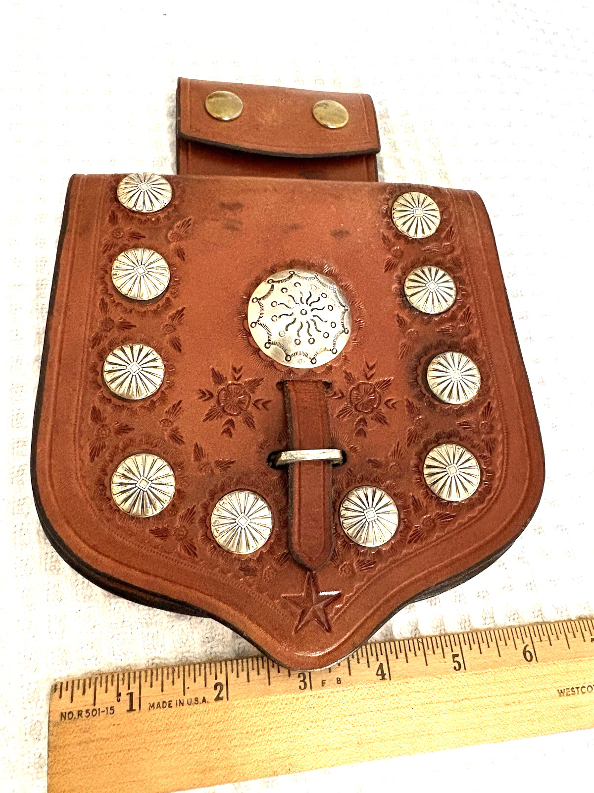 Vintage Hand Tooled Leather Western Belt Pouch Native American Silver Conchos