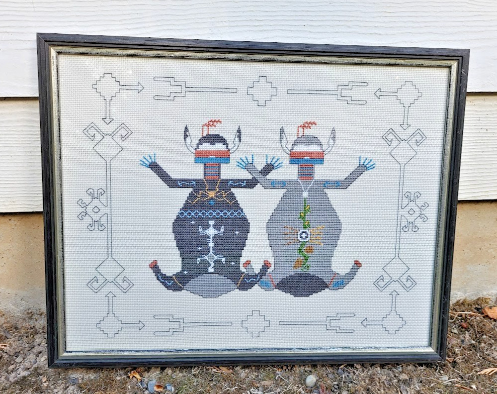 Vintage Navajo Native Cross Stitch Framed Art Mother Earth Father Sky Signed Vintage Navajo Native Cross Stitch Framed Art Mother Earth Father Sky Signed