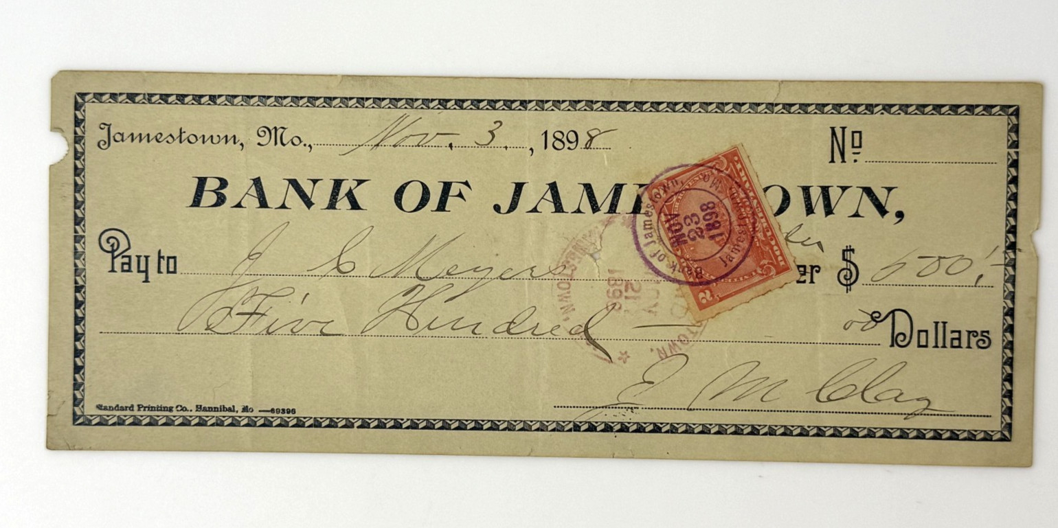Antique 1898 Bank Check Bank of Jamestown Missouri Canceled $500 Revenue Stamp Antique 1898 Bank Check Bank of Jamestown Missouri Canceled $500 Revenue Stamp