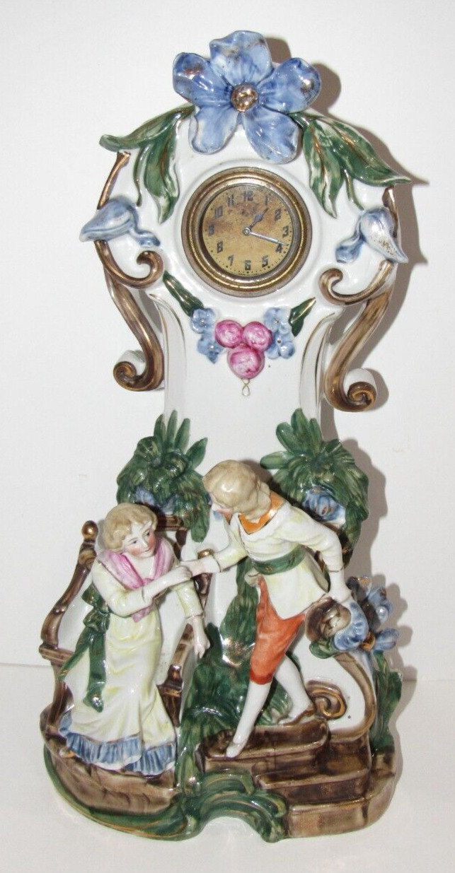 Antique American Ornate Porcelain Mantel Clock 30-Hour Mechanical Wind-up
