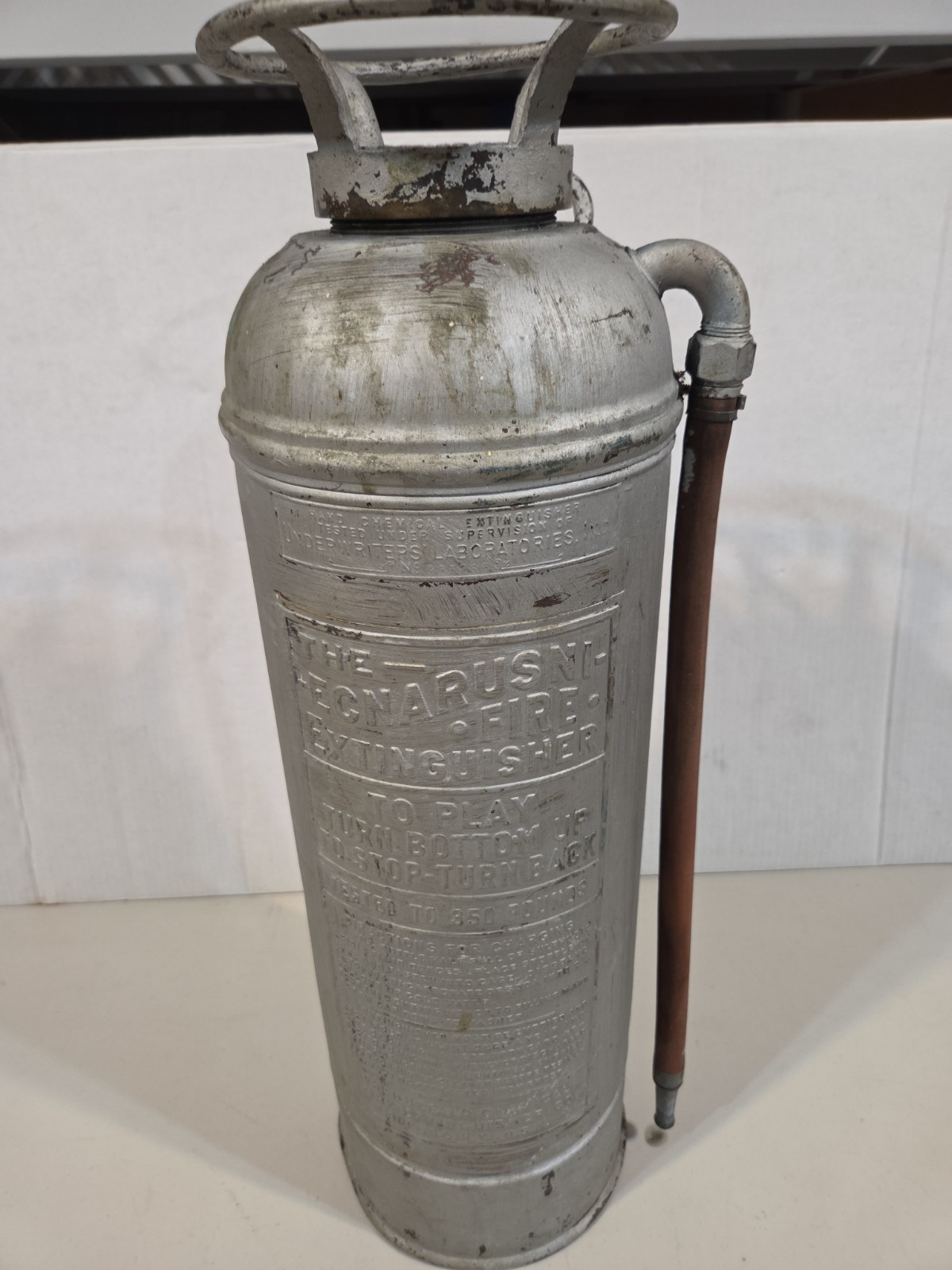 RARE Antique ECNARUSNI Fire Extinguisher w/Hose Buffalo, NY. RARE Antique ECNARUSNI Fire Extinguisher w/Hose Buffalo, NY.