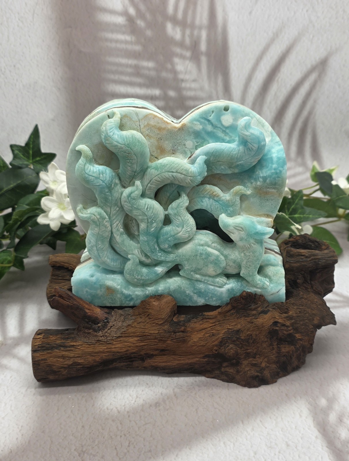 Large Hemimorphite Nine Tailed Fox Heart on Natural Wood Stand Gemstone Carving Large Hemimorphite Nine Tailed Fox Heart on Natural Wood Stand Gemstone Carving