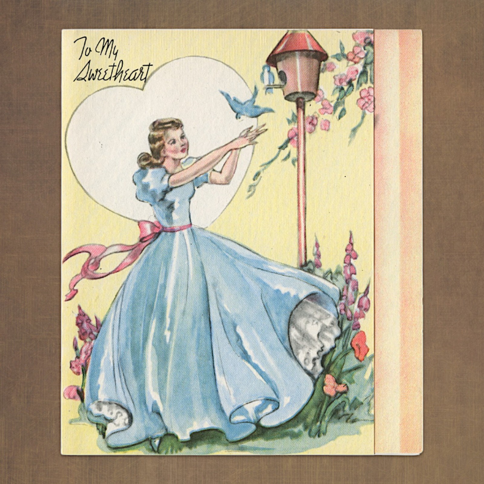 Unused Vintage 1940s Doubl-Glo TO MY SWEETHEART Love Card, Bluebirds Girl Dress Unused Vintage 1940s Doubl-Glo TO MY SWEETHEART Love Card, Bluebirds Girl Dress