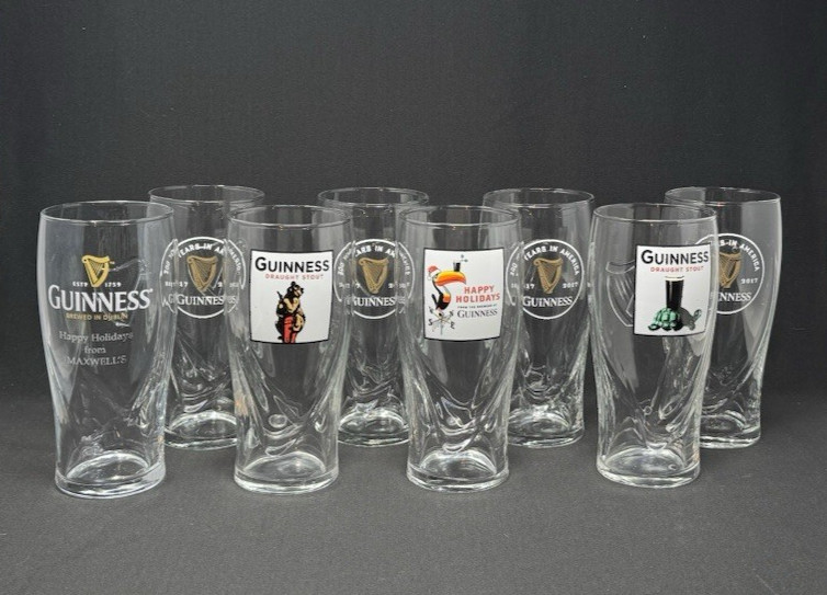 8 GUINNESS 20oz Beer Glasses Embossed Harps Lion Toucan Happy Holidays Turtle 8 GUINNESS 20oz Beer Glasses Embossed Harps Lion Toucan Happy Holidays Turtle