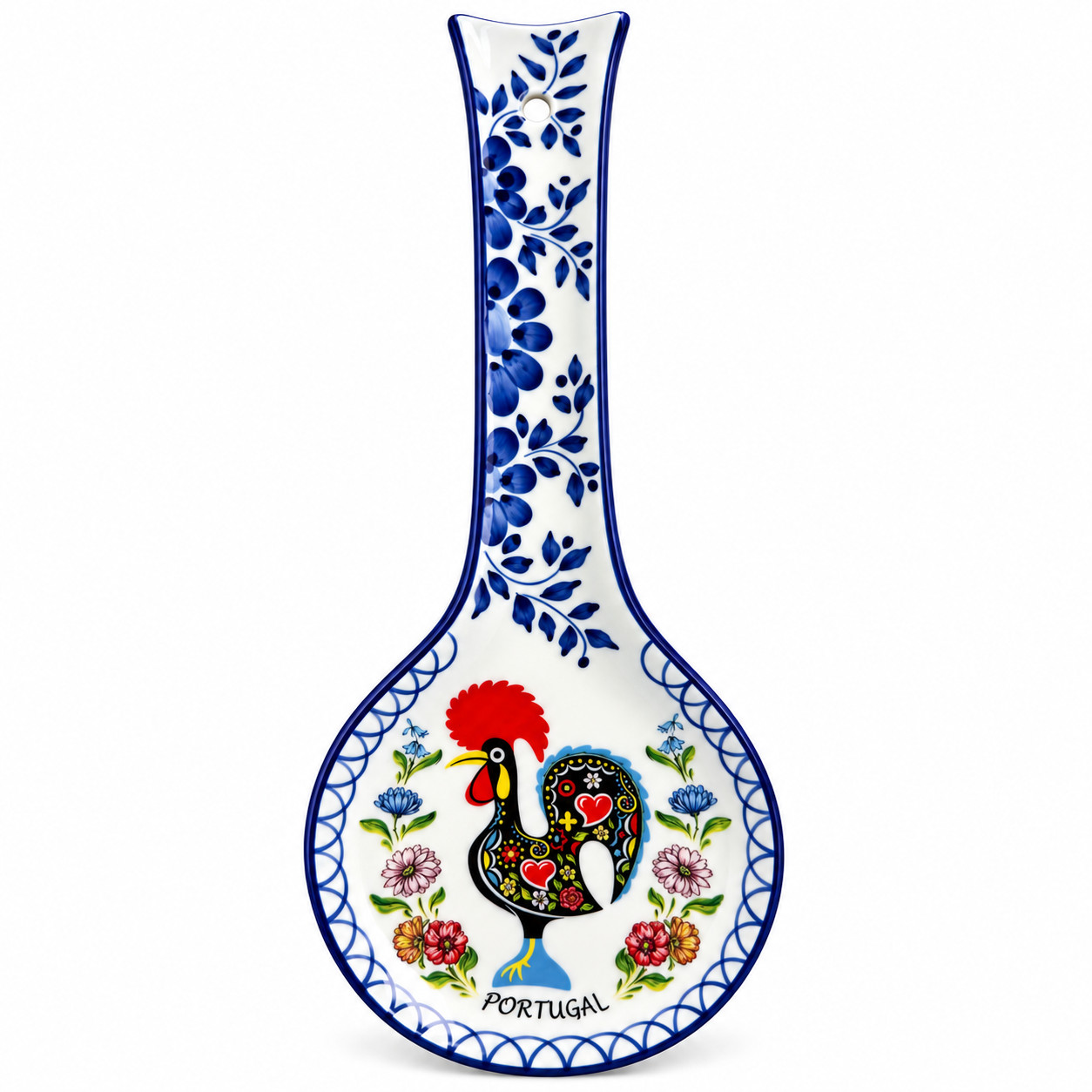 Hand-Painted Portuguese Ceramic Spoon Rest – Rooster Design, 10" Hand-Painted Portuguese Ceramic Spoon Rest – Rooster Design, 10"