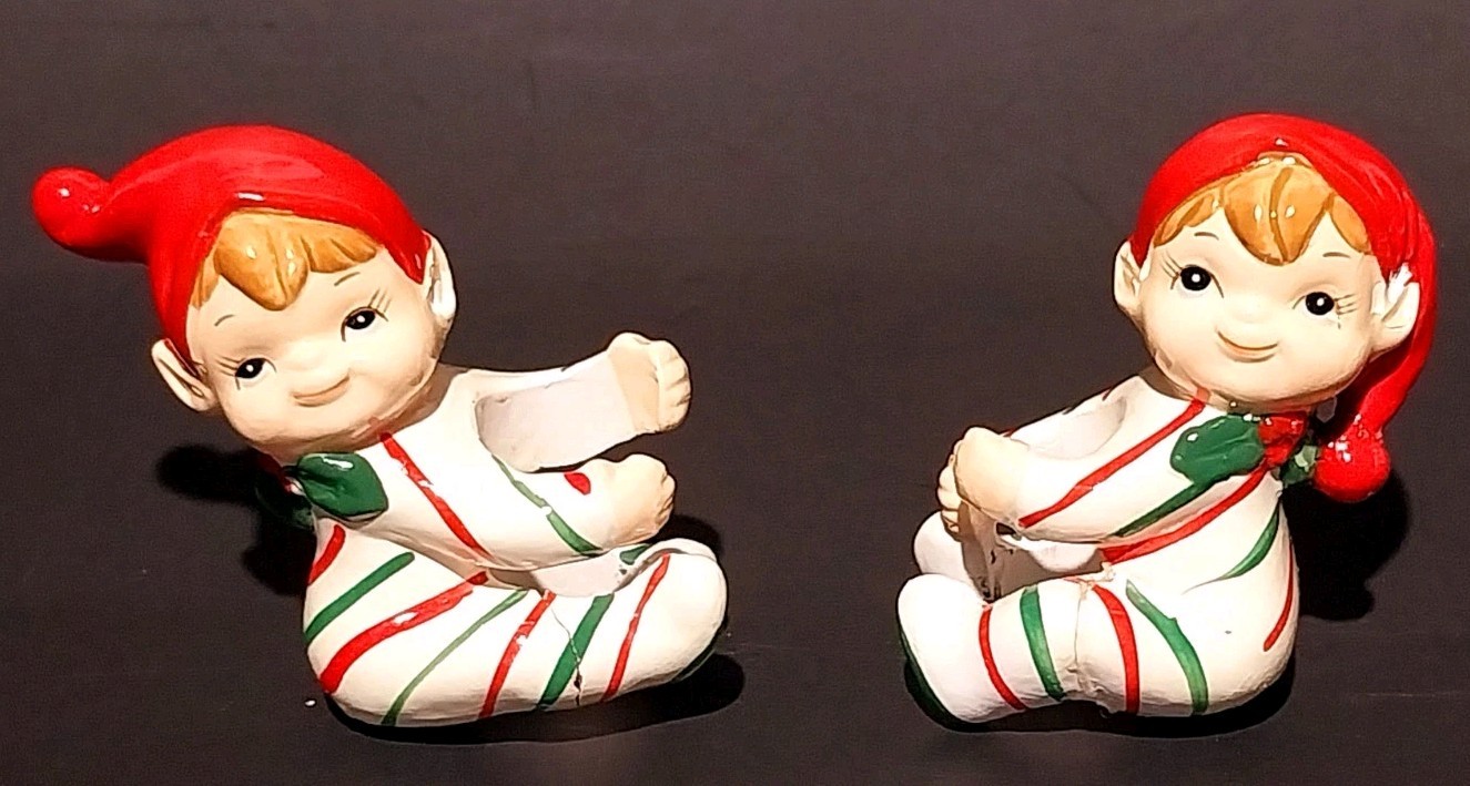 VINTAGE LEFTON XMAS CANDY CANE STRIPE PIXIE ELVES CANDLE HUGGERS FIGURINES READ VINTAGE LEFTON XMAS CANDY CANE STRIPE PIXIE ELVES CANDLE HUGGERS FIGURINES READ