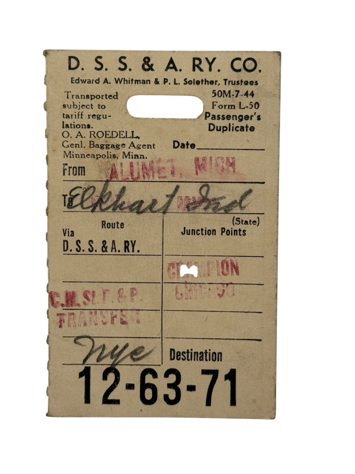 VTG DSS&A RR Baggage Tag Calumet MI Elkhart IN 12-63-71