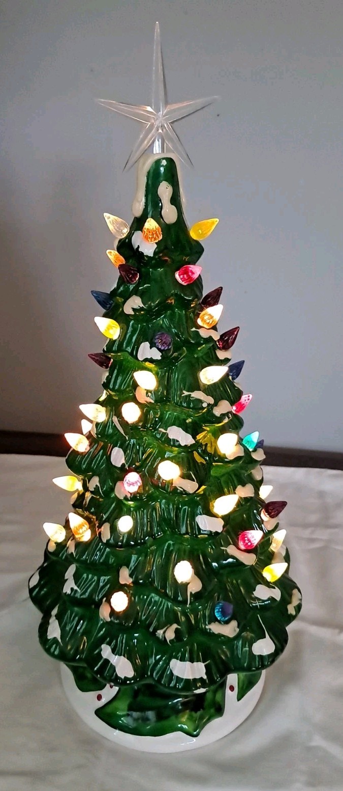 Vtg 15" Ceramic Dolomite Faux Flocked Lighted Christmas Tree Taiwan 80s