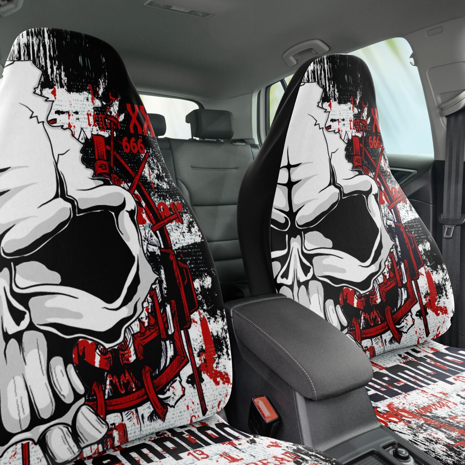 Gory Horror Skull Car Seat Covers Set of 2. Red Black Art, Bloody Skeleton Demon