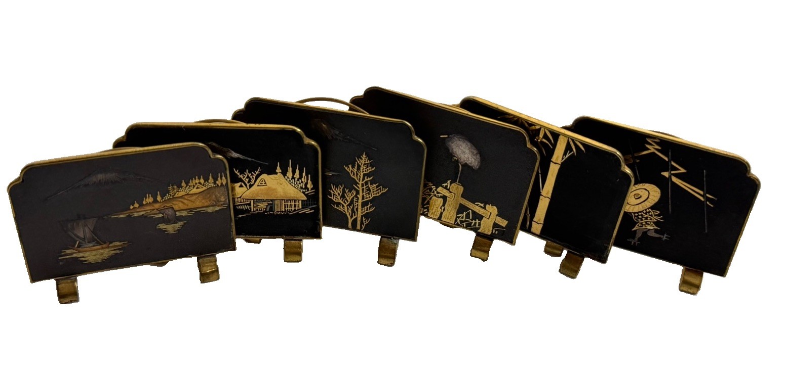 6pc Vintage Japanese Damascene Black Gold Metal Place Card Holder Set Mt Fuji 6pc Vintage Japanese Damascene Black Gold Metal Place Card Holder Set Mt Fuji