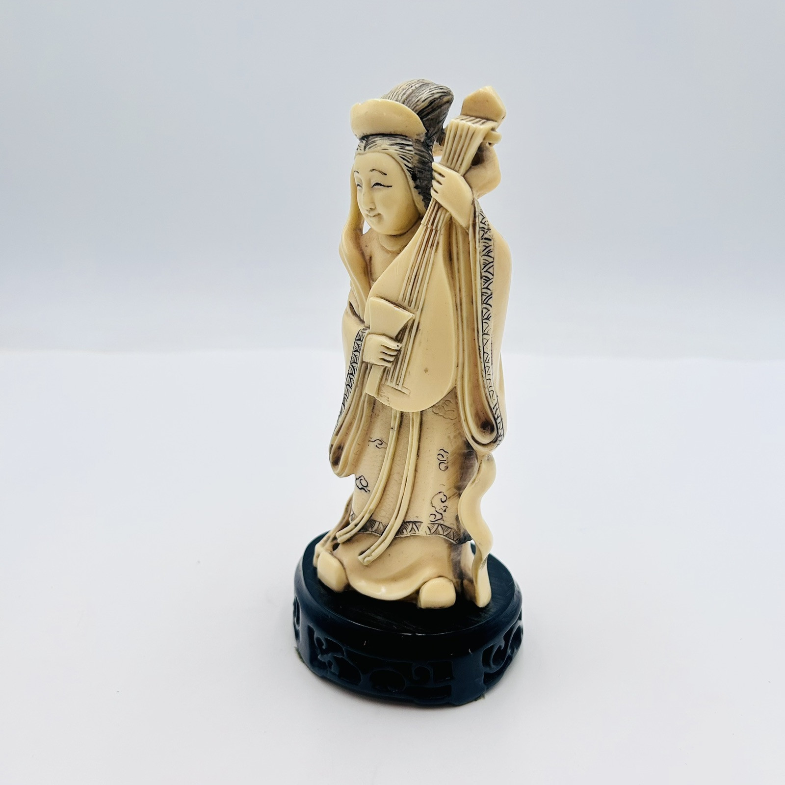 Vintage Chinese Woman Hard Resin Figurine w/ Music Instrument Artist Signed 8"