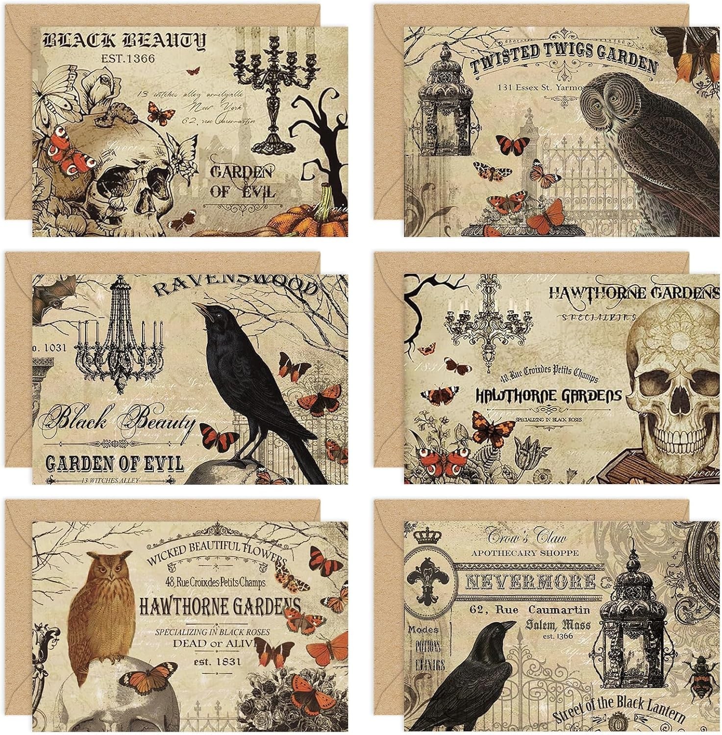 36 PCS Halloween Greeting Cards Vintage Owl Crow Skull Blank Note Cards Envelope