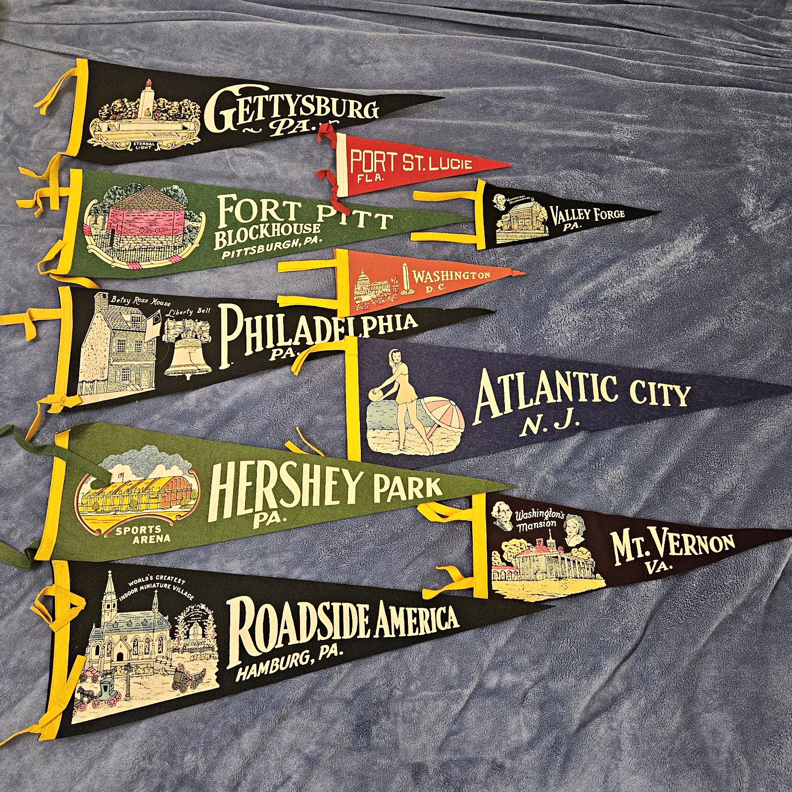 Vintage Historic Pennants, Lot Of 10, From 40s 50s 60s Different Sizes Vintage Historic Pennants, Lot Of 10, From 40s 50s 60s Different Sizes