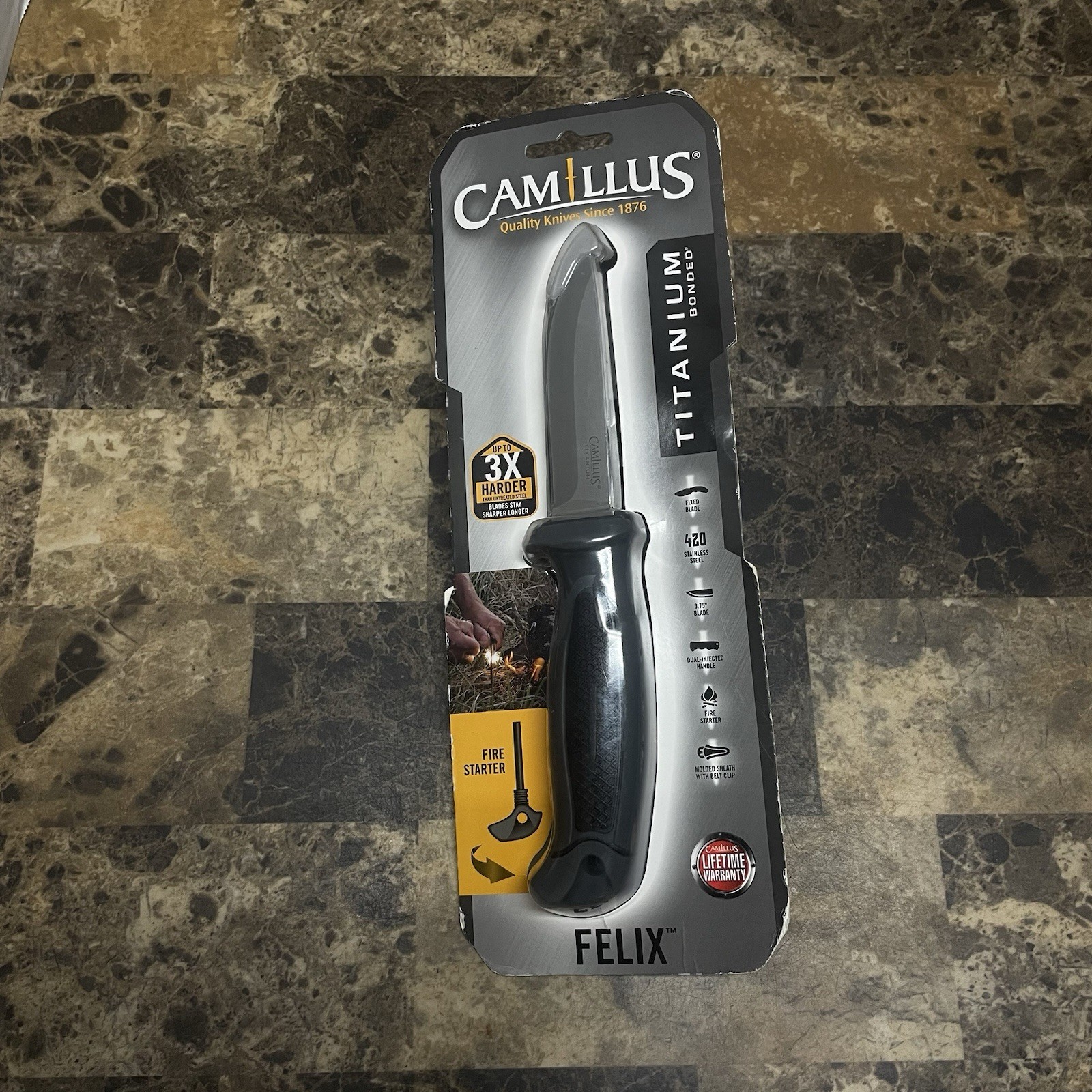 Camillus Felix Fixed 3.75” Blade Fire Starter Molded Sheath W/Belt Clip Camillus Felix Fixed 3.75” Blade Fire Starter Molded Sheath W/Belt Clip