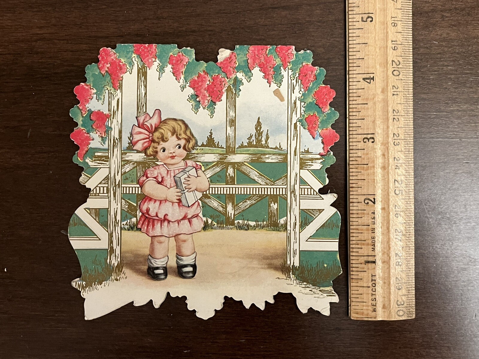 c1915 Antique Valentine's Day Card Young Child Girl Pink Dress Present Vintage c1915 Antique Valentine's Day Card Young Child Girl Pink Dress Present Vintage