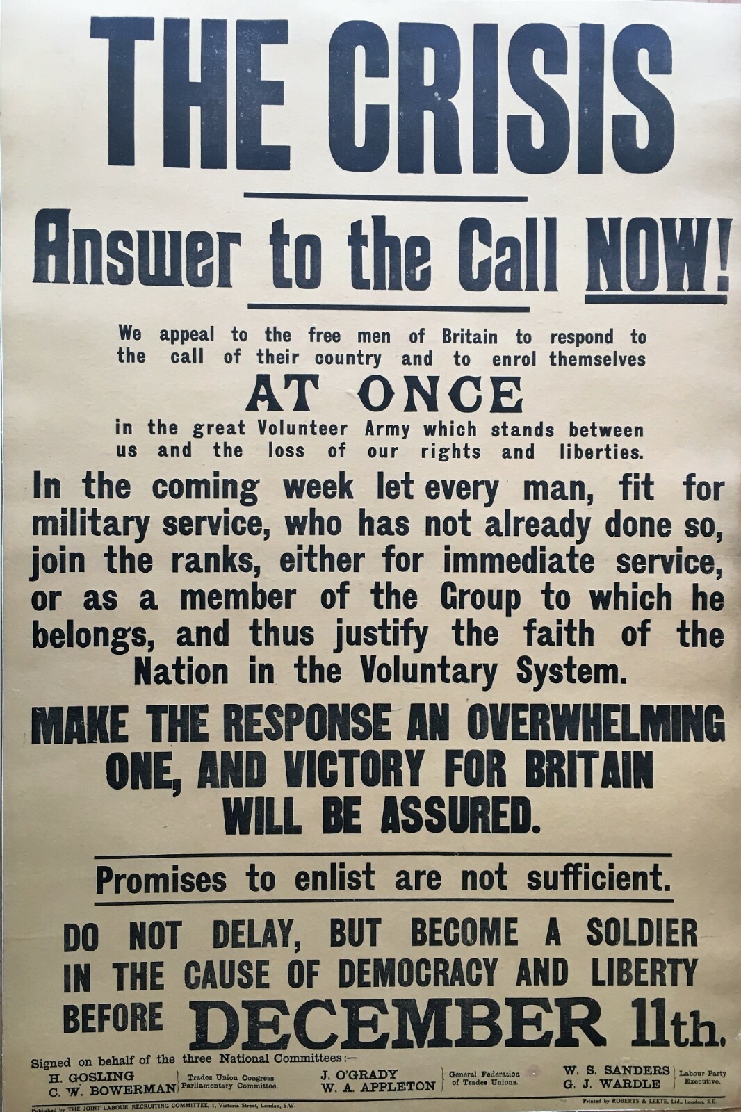 Very scarce "The Crisis" British Great War Broadside Very scarce "The Crisis" British Great War Broadside