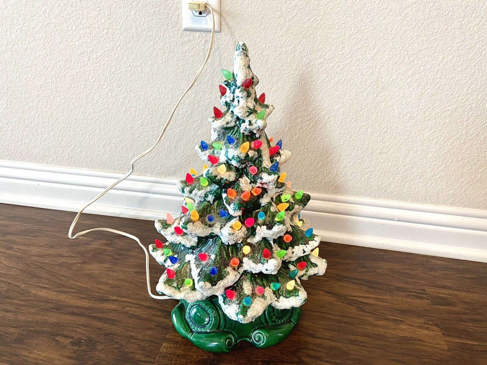 Vintage 70s Ceramic Christmas Tree Light Up 14” W/ Stand (2 Piece) Works - READ