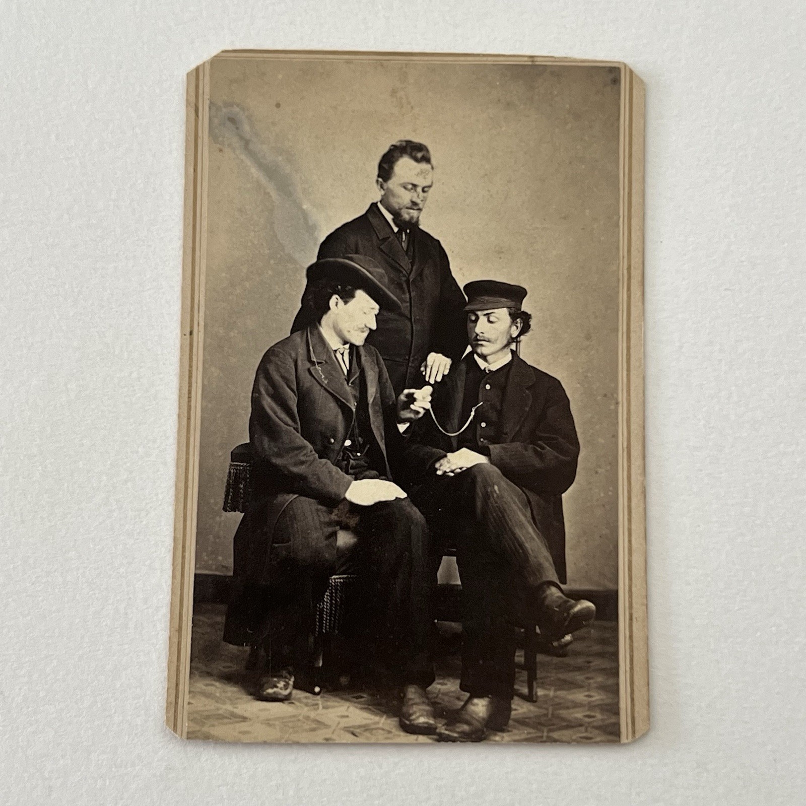 Antique CDV Photograph Handsome Young Men Watch Folk Art On Back Tiffin OH Antique CDV Photograph Handsome Young Men Watch Folk Art On Back Tiffin OH