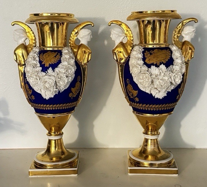 Antique French Old Paris Urns Pair 12" Empire Cobalt Gilt Caryatid Roses Antique French Old Paris Urns Pair 12" Empire Cobalt Gilt Caryatid Roses