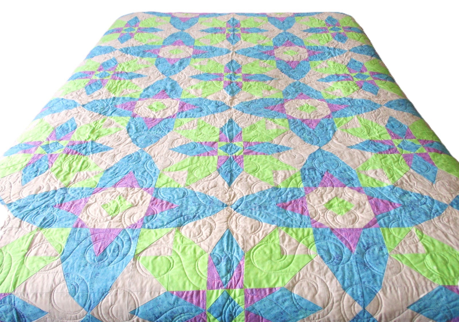 Storm At Sea Quilt Handmade 94" x 72" Blue Green Magenta Quilted Waves Cotton Storm At Sea Quilt Handmade 94" x 72" Blue Green Magenta Quilted Waves Cotton