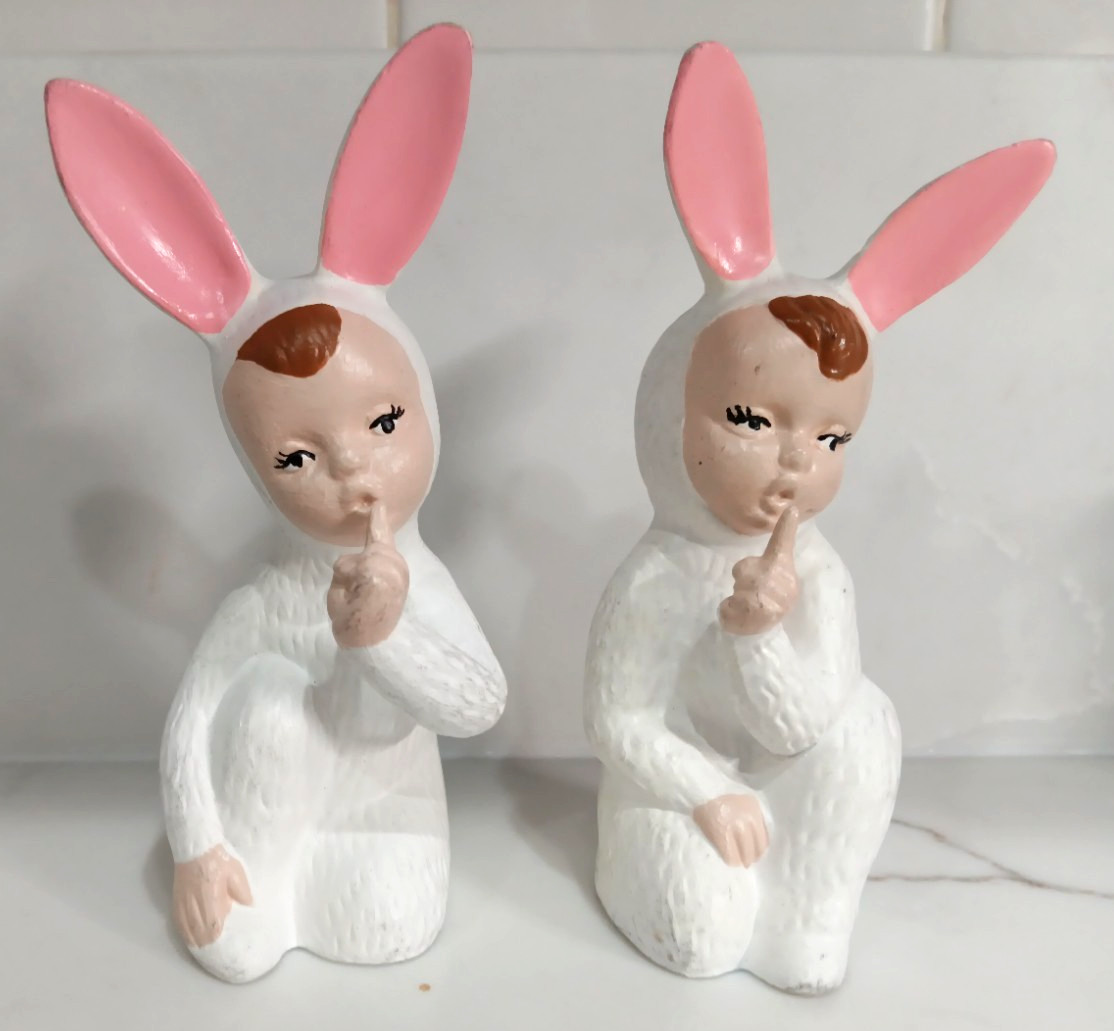 2 Vtg MCM Holland Mold Ceramic Figurine Babies w/ White Bunny Rabbit Suit - Shh 2 Vtg MCM Holland Mold Ceramic Figurine Babies w/ White Bunny Rabbit Suit - Shh