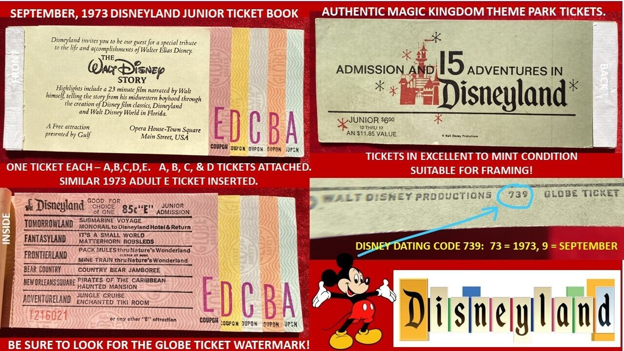 1973 Disneyland JUNIOR A - E Tickets Authentic A B C D E Ticket Book EX - NM  K6
