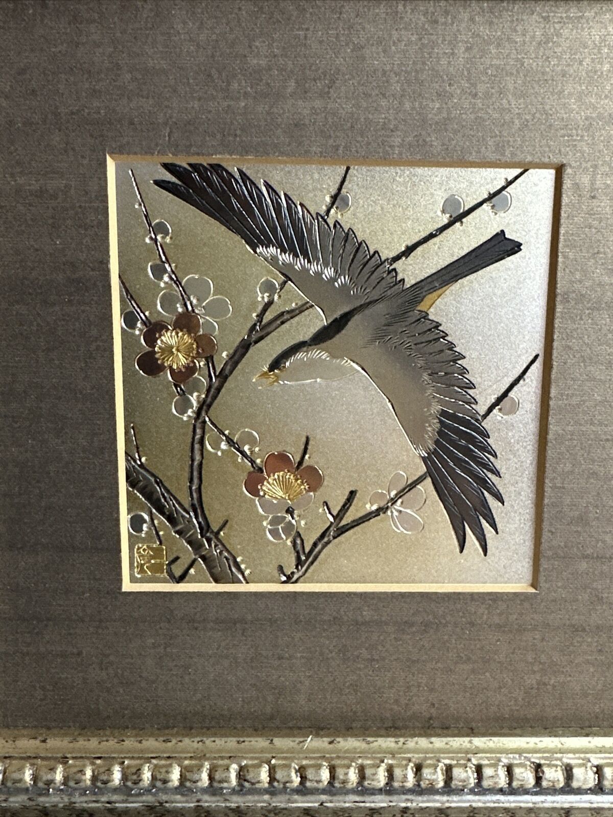 Lin-Art Ltd Ancient Japanese Art of Chokin Silver Bird and Flowers ￼signed