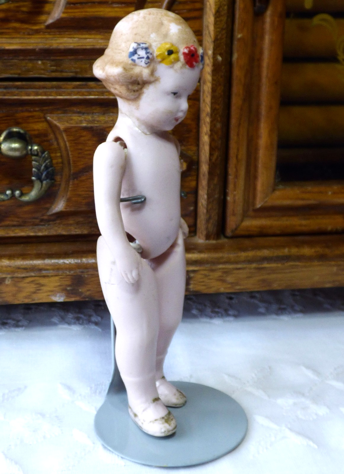 Vintage Antique Bisque Ceramic 4.5" Girl Doll Jointed ~ Flowers In Hair ~ Stand Vintage Antique Bisque Ceramic 4.5" Girl Doll Jointed ~ Flowers In Hair ~ Stand