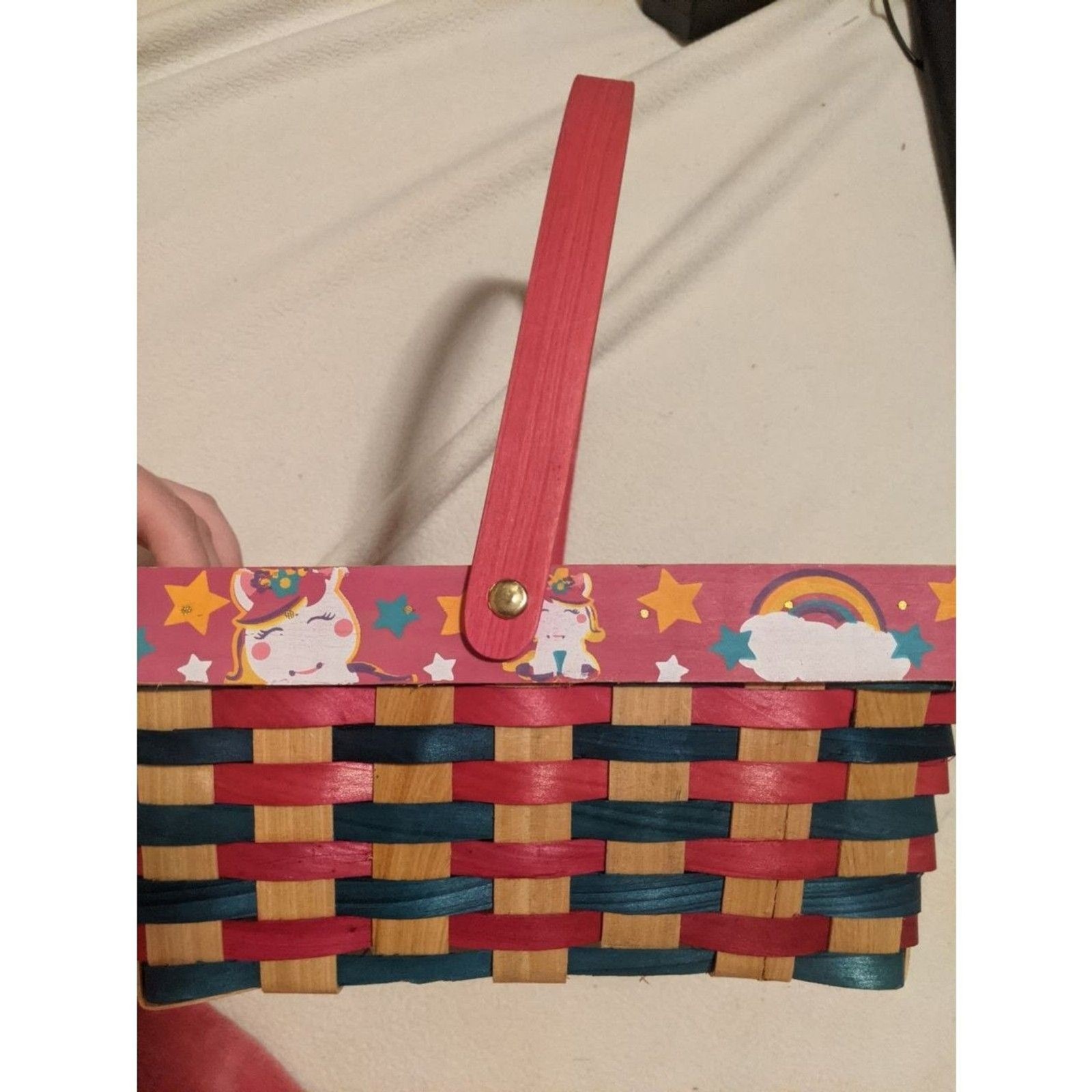 Woven Wood Unicorn & Rainbow Basket Pink Blue Kids Room Storage Decor