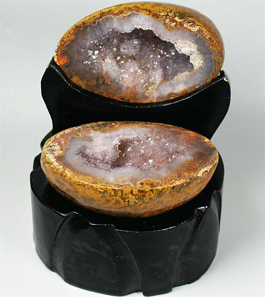 A Pair Natural Amethyst/Red Agate Geode Quartz Crystal Cluster Point Cornucopia