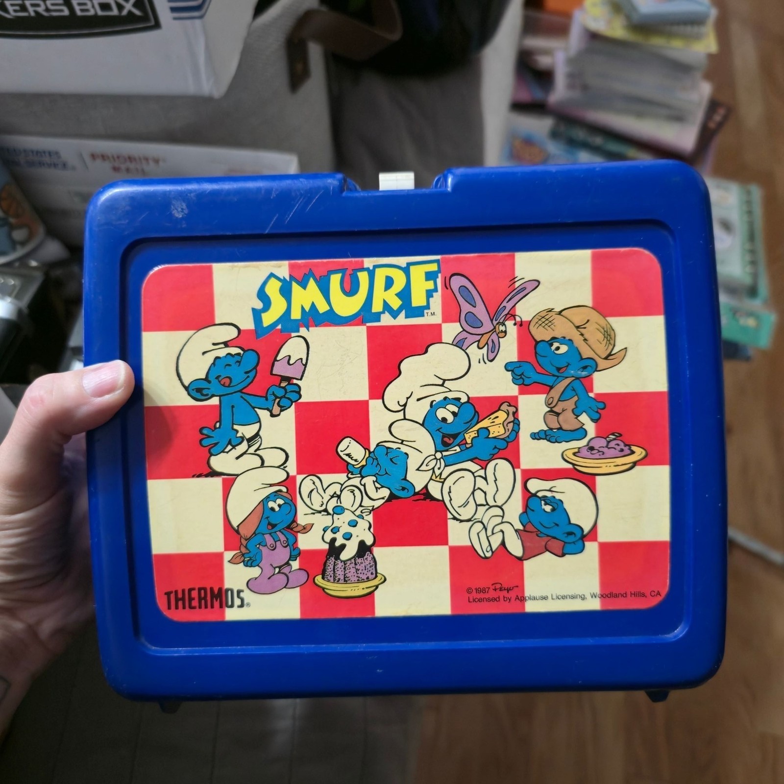 Vintage 1987 Smurfs Plastic Lunch Box Thermos Brand Blue Picnic No Thermos 80s
