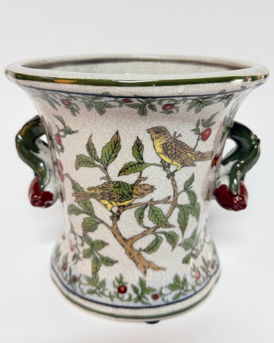 Vintage Crackle Glaze Ceramic Planter Urn Birds Branches Pomegranate Handles 7" Vintage Crackle Glaze Ceramic Planter Urn Birds Branches Pomegranate Handles 7"