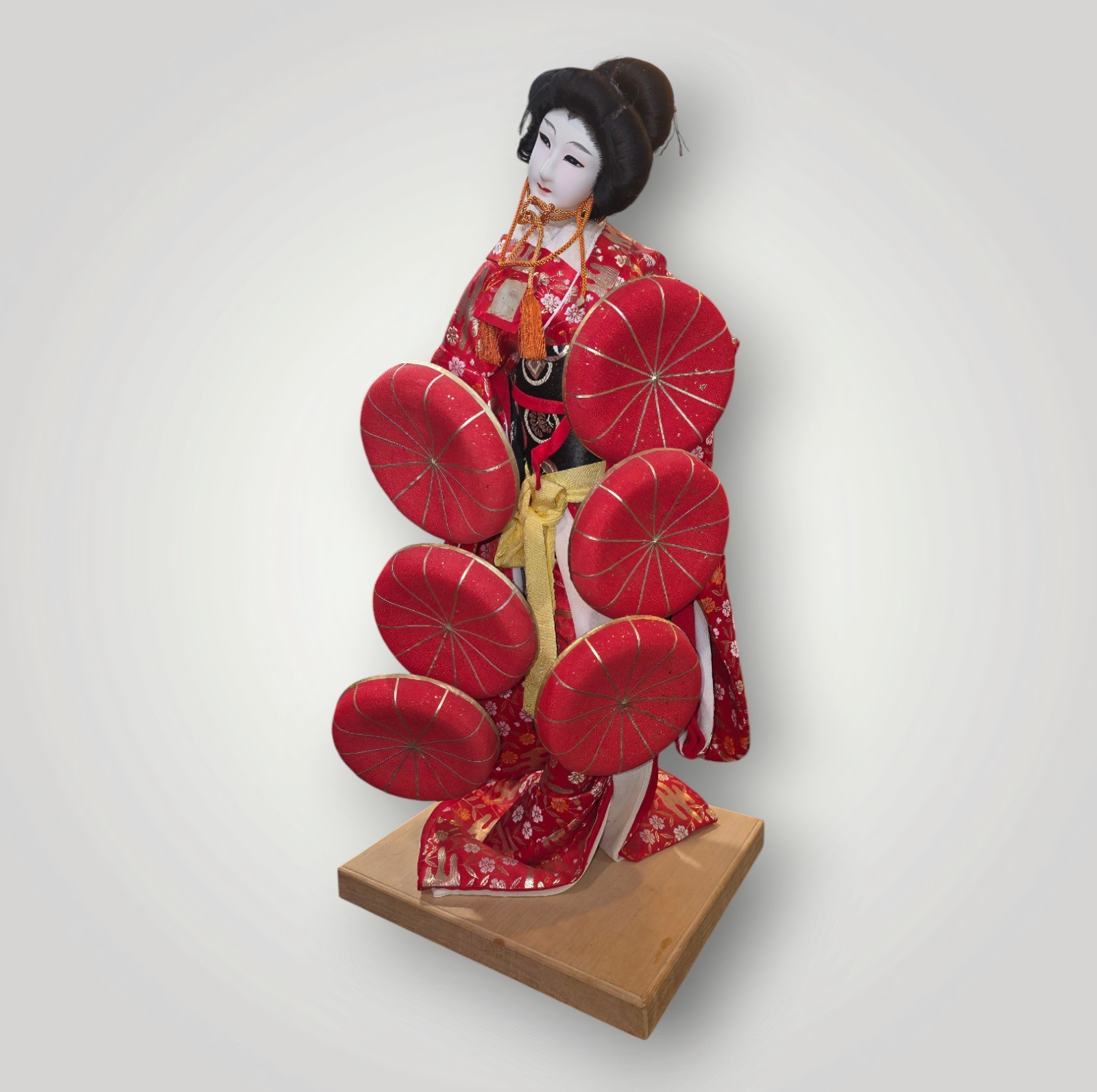 Vintage Japanese Geisha Doll Red Kimono 23" Tall Traditional Decor Wood Base