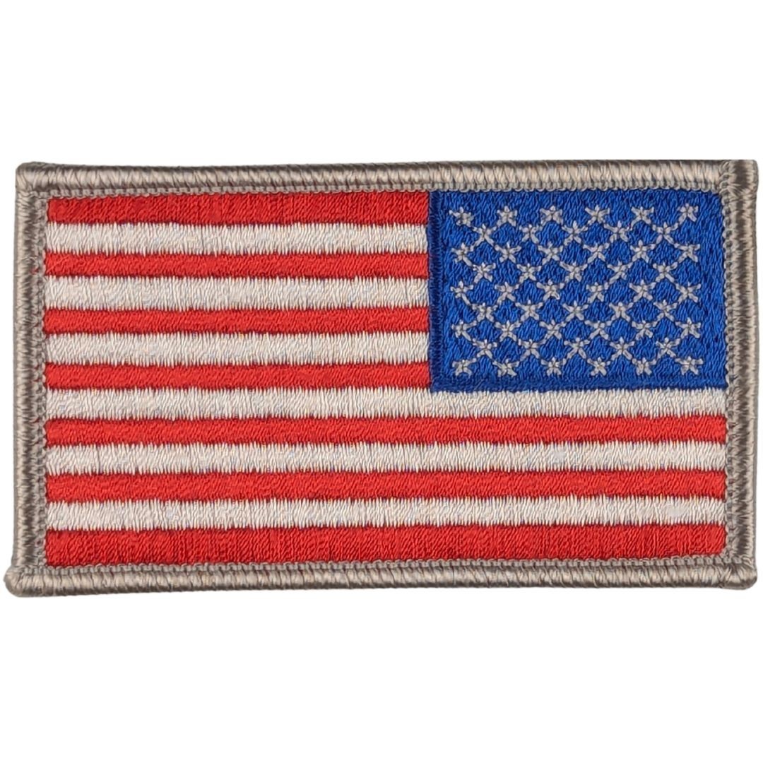 Reverse American Flag Patch - Full Color Sew-On Patch - Silver Border Reverse American Flag Patch - Full Color Sew-On Patch - Silver Border