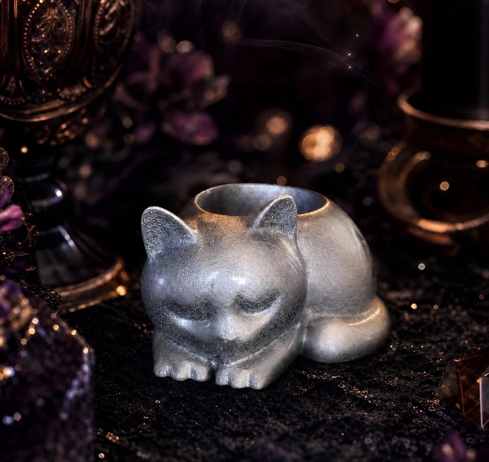 Hand Poured Silver Resin Kitten Tea Light Holder Gothic Altar Witchy Cat Decor Hand Poured Silver Resin Kitten Tea Light Holder Gothic Altar Witchy Cat Decor