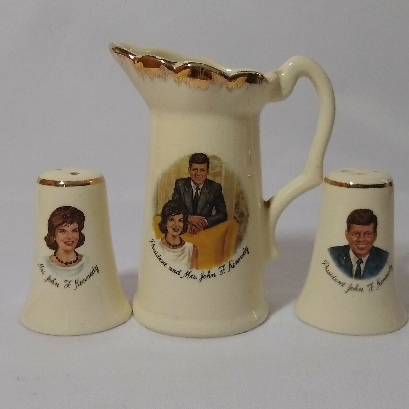  John F Kennedy & Mrs Vintage Mid Century Porcelain Creamer & Salt Pepper Shaker
