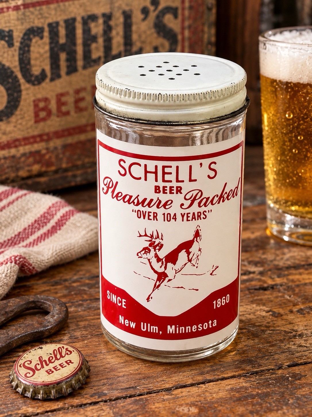 Rare VINTAGE SCHELL'S BEER GLASS SALT SHAKER NEW ULM MN AUGUST SCHELL Deer Rare VINTAGE SCHELL'S BEER GLASS SALT SHAKER NEW ULM MN AUGUST SCHELL Deer