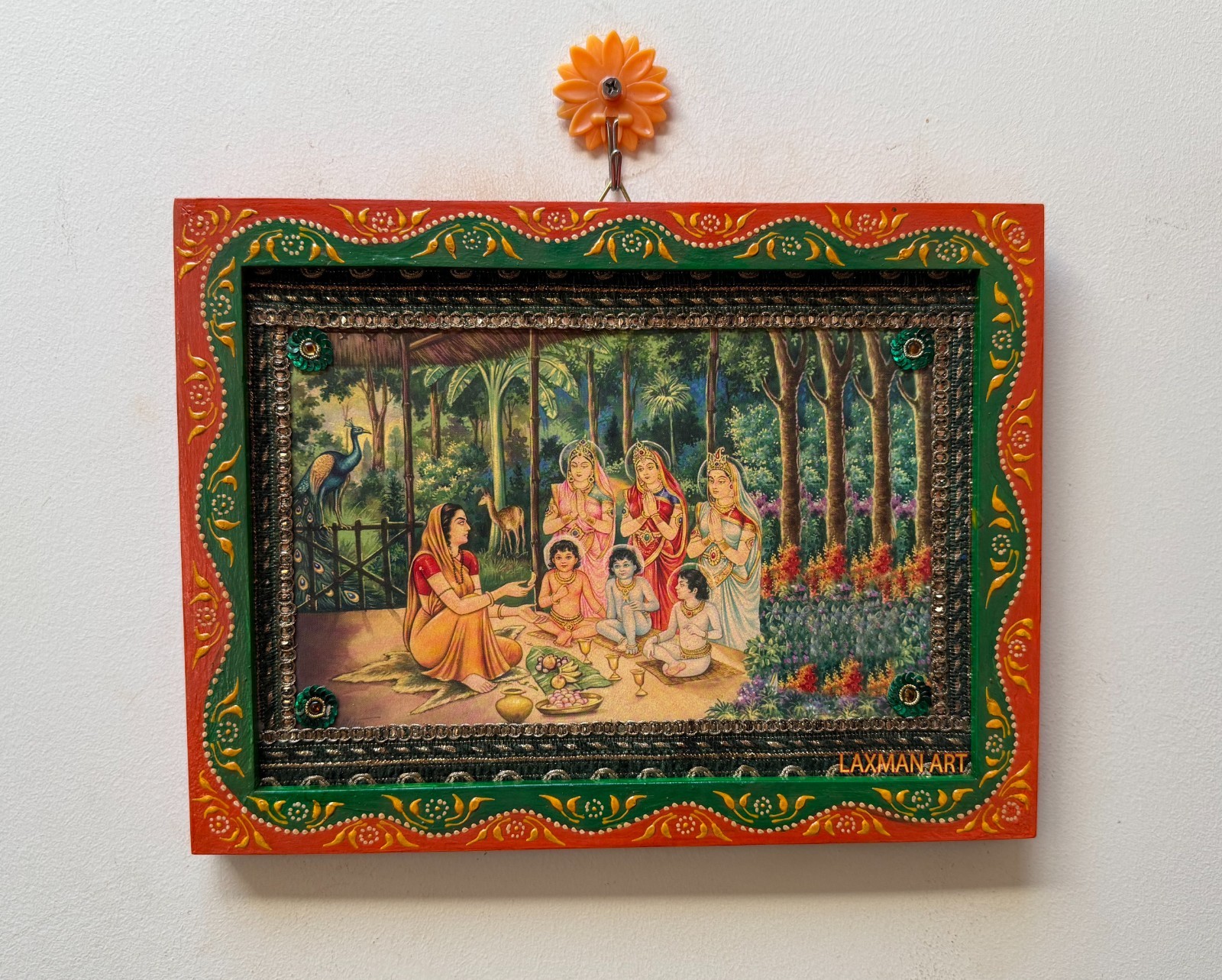 Vintage Art Photo Framed: Sati Anasuya with Tridev Brahma Vishnu Mahesh - 9x12"