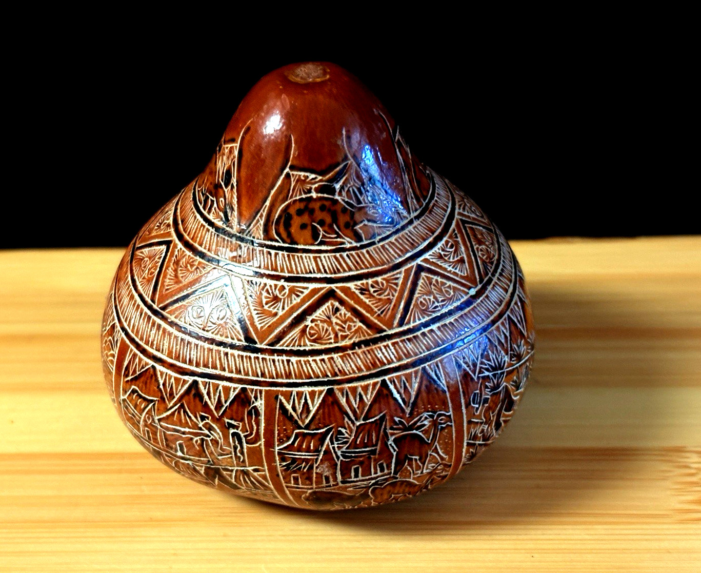 Vintage SIGNED Peruvian Mate Burilado Hand Carved Gourd  Village Life 1999