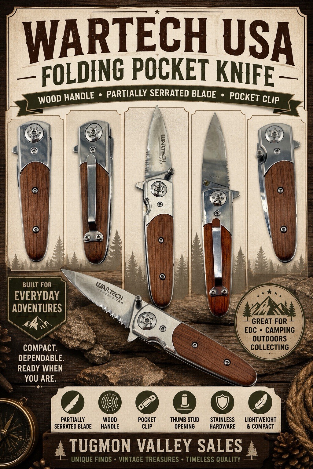 WARTECH USA Folding Pocket Knife Wood Handle Serrated Blade Pocket Clip EDC WARTECH USA Folding Pocket Knife Wood Handle Serrated Blade Pocket Clip EDC