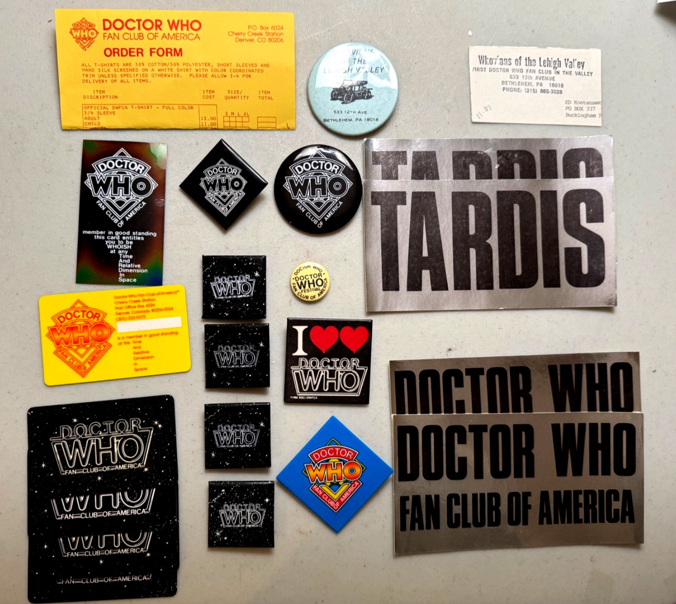Lg Lot 80's Vintage DOCTOR WHO Fan Club Membership Cards,Pins,Stickers,etc New Lg Lot 80's Vintage DOCTOR WHO Fan Club Membership Cards,Pins,Stickers,etc New