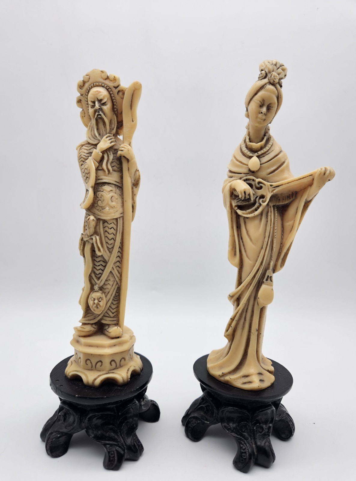 Vtg Carved Chinese Asian Geishas & Warrior Wiseman Resin? Wood Stand Sculpture 