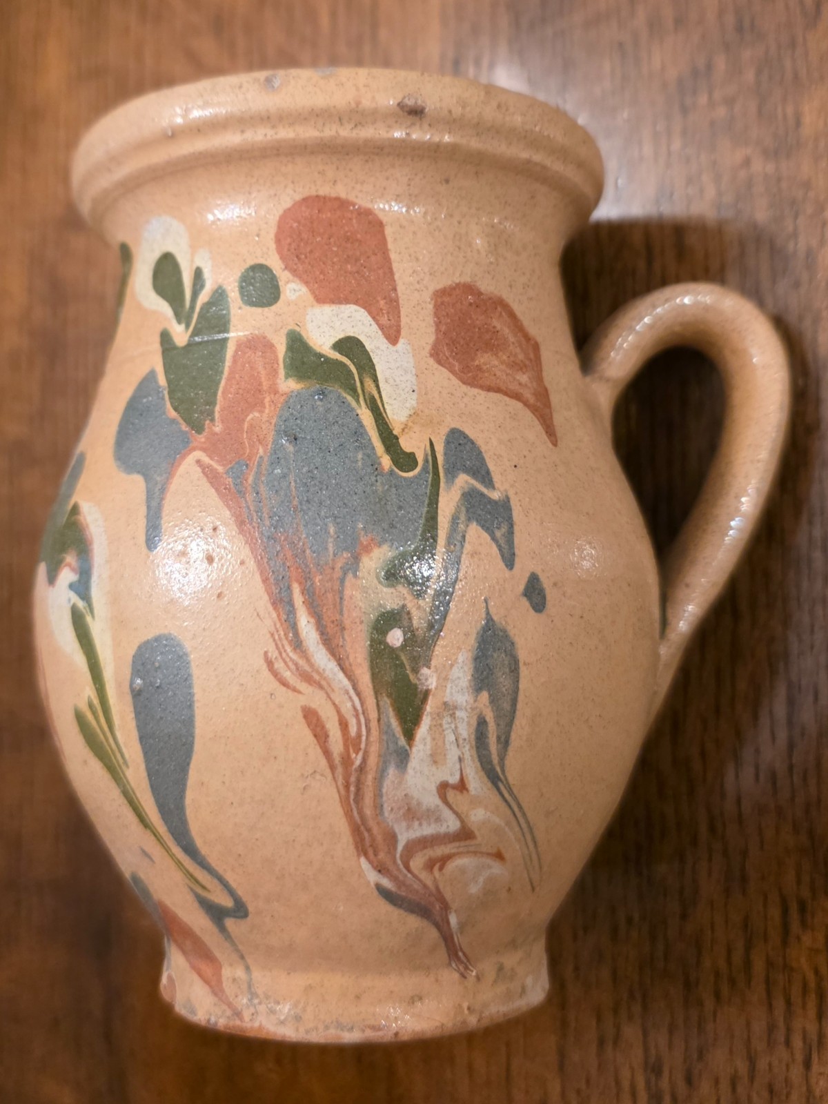 Antique Hungarian Earthenware Handled Pot w/ Unique Jaspe Marbling - Exc Cond