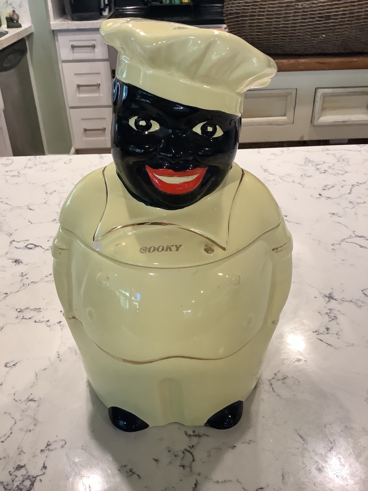 Vtg 1940's Pearl China Co. Hand Decorated 22kt Gold “Cooky”Americana Cookie Jar